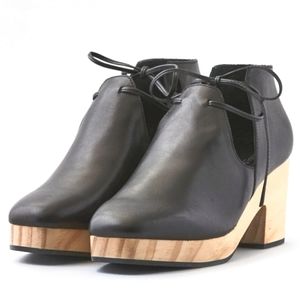 Kelsi Dagger Black Leather Mules with Tan Wooden Heel